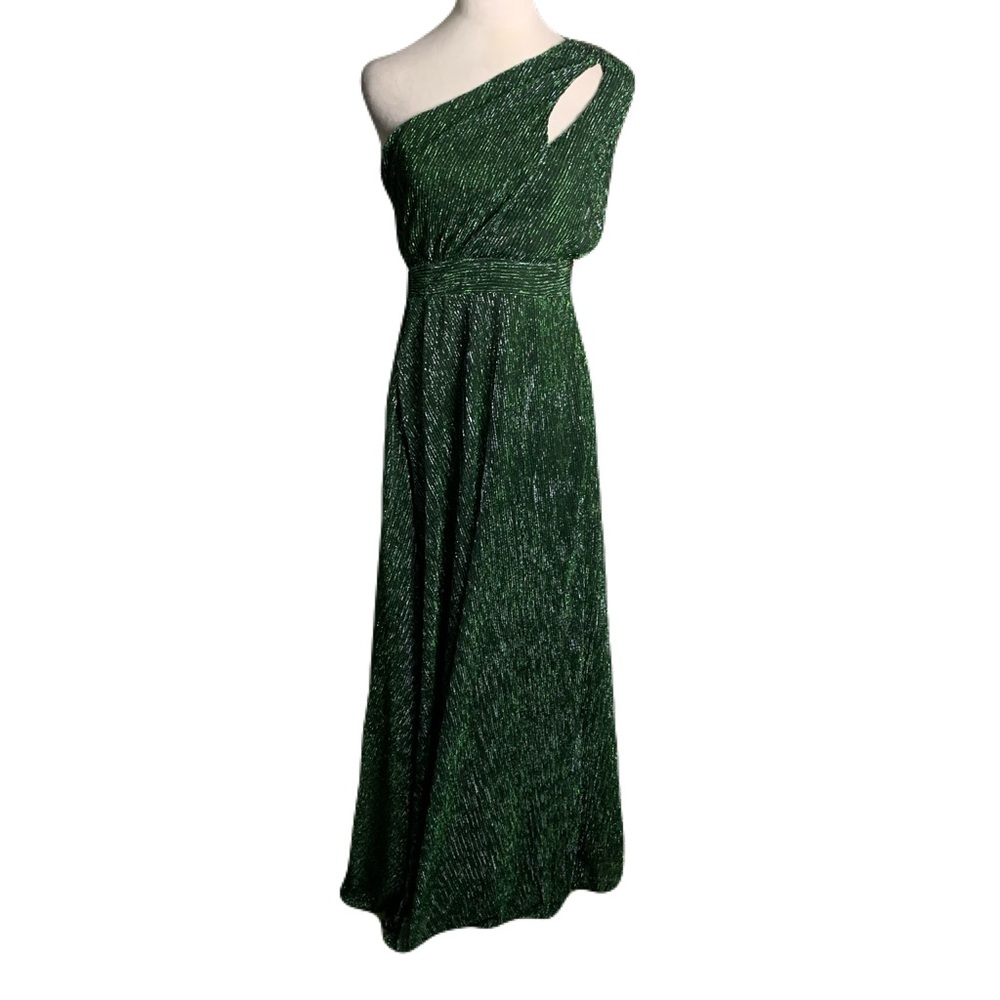 NWT Showpo 6 One-Shoulder Cut Out Emerald Green Isra Lurex Leg Slit Maxi Dress